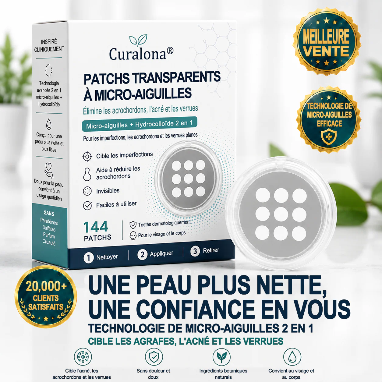🔥Curalona® Patch micro-aiguilles et hydrocolloïde 2 en 1🍀 | Élimine les grains de beauté en relief, l'acné, les verrues planes et les acrochordons | Atténue les rides, les cicatrices et les imperfections | Patchs invisibles pour le visage et le corps